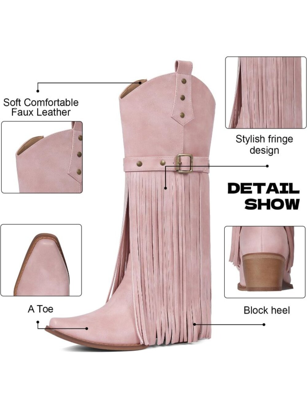 Women 01-Pink Leather Pull On Block Chunky Suede Fringe Cowboy Pointed Toe Boot - Picture 5 of 6